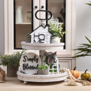 Set of 8 Farmhouse Tiered Tray Decor with 1 Artificial Succulent Plant & 1 Artificial Plant for Rustic Home Sweet Home Kitchen Decor Tier Tray Decor Set