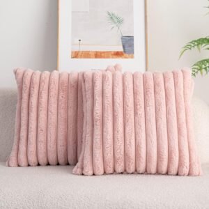 Pack of 2,Double-Sided Faux Fur Plush Decorative Throw Pillow Covers Fuzzy Striped Soft Pillowcase Cushion Covers for Sofa Couch Bedroom White 24x24 inch
