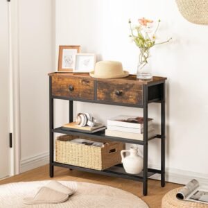 81es-8tLvjL._AC_SL1500.jpg 29.5" Narrow Console Table with 2 Fabric Drawers, Small Entryway Table with 3-Tier Storage Shelves, Thin Sofa Table, Side Table, for Living Room, Hallway, Rustic Brown and Black BF72XG01