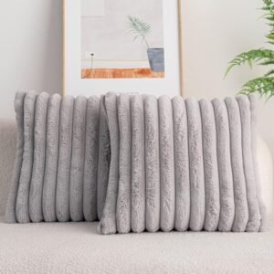 Pack of 2,Double-Sided Faux Fur Plush Decorative Throw Pillow Covers Fuzzy Striped Soft Pillowcase Cushion Covers for Sofa Couch Bedroom White 24x24 inch