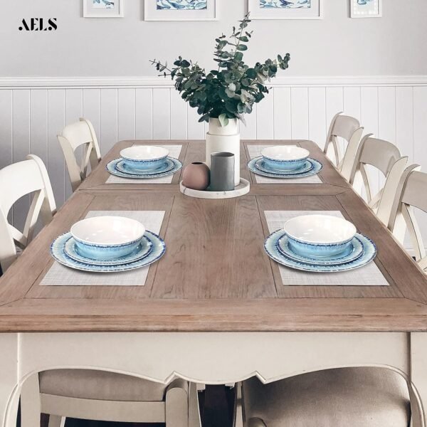 Melamine Dinnerware Set of 12 Pcs Dinner Dishes Set for Indoor and Outdoor Use, Dishwasher Safe, Lightweight Unbreakable, BPA Free, Light Blue