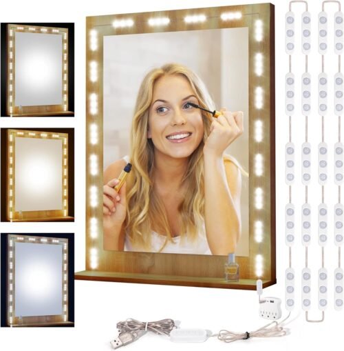 LED Vanity Lights for Mirror, 20 * 3 LEDs 10ft Hollywood Style Mirror Lights Stick on for Makeup Vanity, 3 Color Dimmable Makeup Lights for Mirror, Mirror Not Included