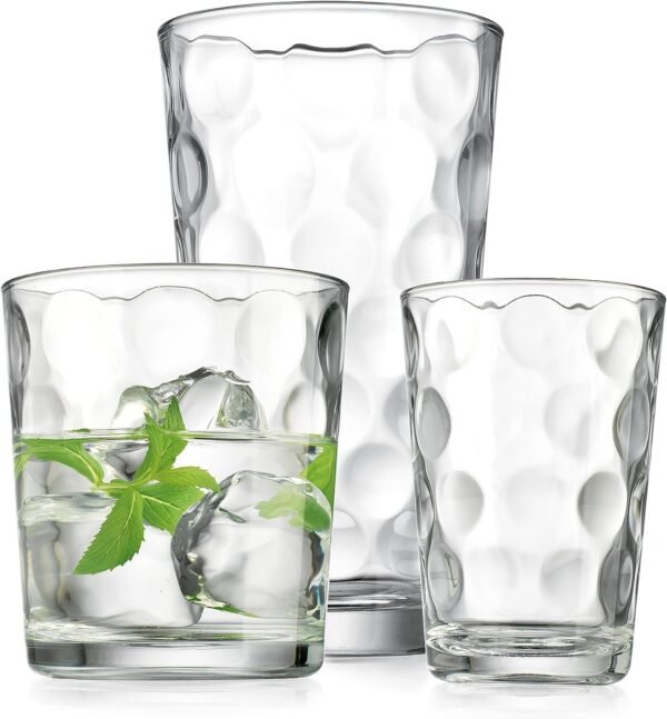 Home Essentials & Beyond Glassware Set 18 Piece Mixed Drinkware. Set of 6 Glass Tumblers 17 oz., Set of 6 Rock 13 oz. and Set of 6 Juice 7 oz Glass Cups Drinking Glasses.