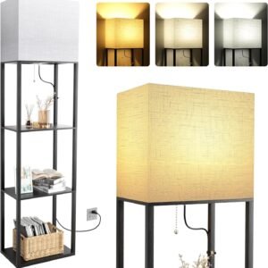 Floor Lamp with Shelves, Shelf Lamps with 3 Color Temperature LED Bulb,Storage Wood Texture Modern, Display Standing Lamp for Living Room,Office, Bedroom