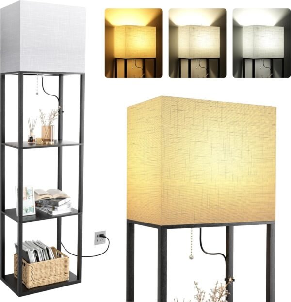 Floor Lamp with Shelves, Shelf Lamps with 3 Color Temperature LED Bulb,Storage Wood Texture Modern, Display Standing Lamp for Living Room,Office, Bedroom