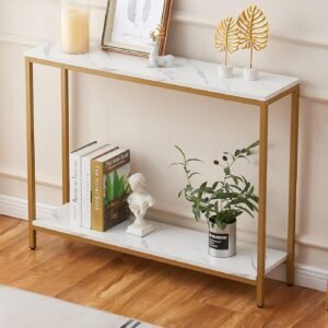 81jQjBCigiL._AC_SL1500.jpg Console Table for Entryway, Faux Marble MDF Sofa Table with Golden Frame (Single Layer, White Marble)