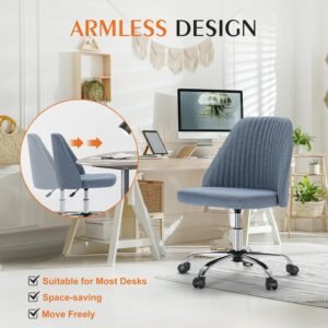 Armless Office Chair Cute Desk Chair, Modern Fabric Home Office Desk Chairs with Wheels Adjustable Swivel Task Computer Vanity Chair for Small Spaces
