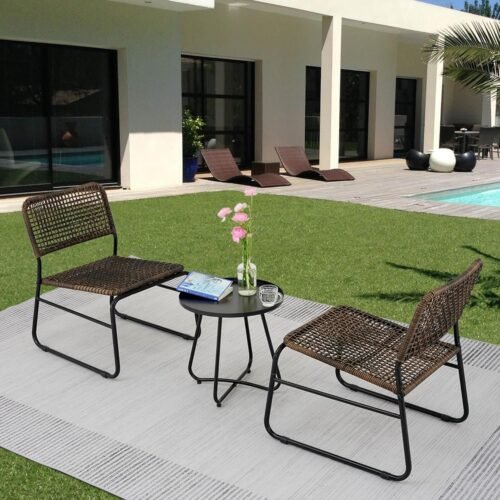 Outdoor Bistro Furniture, 3 Piece Patio Set, PE Rattan Wicker Chairs & Modern Round Table, Conversation Set for Porch, Backyard, Apartment, Balcony, Pool, Weather-Resistant