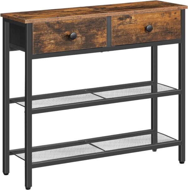 81lQAEtCybL._AC_SL1500.jpg 29.5" Narrow Console Table with 2 Fabric Drawers, Small Entryway Table with 3-Tier Storage Shelves, Thin Sofa Table, Side Table, for Living Room, Hallway, Rustic Brown and Black BF72XG01