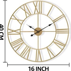 Large Wall Clock for Living Room Decor, (40CM) 16 Inch Wall Clock Decorative, Metal Analog Roman Numeral Wall Clock Modern Wall Clocks - Large Clock Home Decor (Gold)