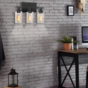 81lr6WjReaL._AC_SL1500.jpg Bathroom Light Fixtures, 3-Light Bathroom Vanity Light, Matte Black Vanity Light with Clear Glass Shade, Modern Bathroom Lights Over Mirror, Vanity Lighting Fixtures for Bathroom, Living Room, Hallway