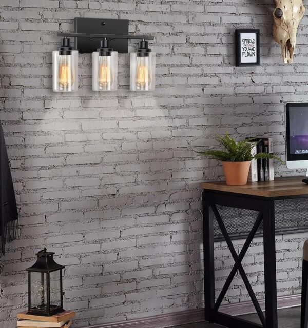 81lr6WjReaL._AC_SL1500.jpg Bathroom Light Fixtures, 3-Light Bathroom Vanity Light, Matte Black Vanity Light with Clear Glass Shade, Modern Bathroom Lights Over Mirror, Vanity Lighting Fixtures for Bathroom, Living Room, Hallway