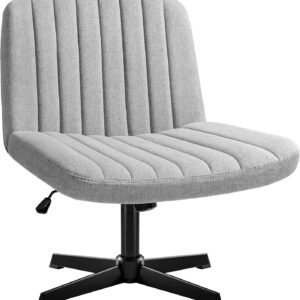 Armless Office Desk Chair No Wheels, Cross Legged Office Chairs Padded Wide Seat, Fabric Modern Adjustable Swivel Accent Chair, Computer Task Vanity Chair for Home Office (Beige)
