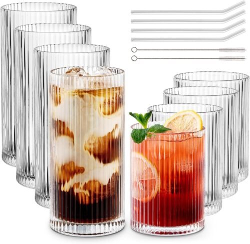 Cocktail Glasses Drinking Set of 8, 4pcs Collins Glass Cups with Straw 12oz & 4pcs Rocks Glasses 9oz, Ribbed Glassware for Coffee Wine Whiskey Glasses, Housewarming Gifts New House Essentials