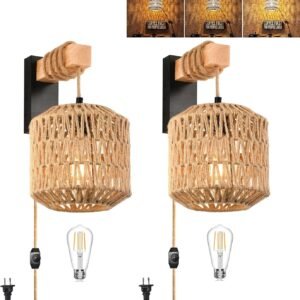 Rattan Wall Sconces Set of Two Plug in,Farmhouse Plug in Wall Sconces Hand Woven Bamboo Wall Light Fixtures with Switch,Rustic Black Wall Sconce Light Plug in Wall Lamp for Living Room Bedroom