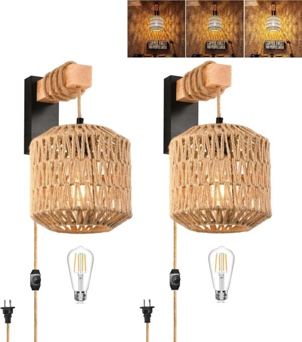 Rattan Wall Sconces Set of Two Plug in,Farmhouse Plug in Wall Sconces Hand Woven Bamboo Wall Light Fixtures with Switch,Rustic Black Wall Sconce Light Plug in Wall Lamp for Living Room Bedroom