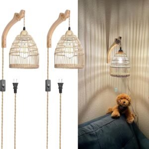 81nlYRpyBKL._AC_SL1500.jpg Bamboo Lantern Plug in Wall Sconces Wicker Wall Lamp with Plug in Cord Hand Woven Rattan Wall Light Farmhouse Rustic Wall Sconces Boho Sconces Wall Lighting for Living Room Bedroom