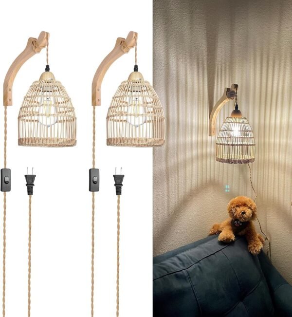 81nlYRpyBKL._AC_SL1500.jpg Bamboo Lantern Plug in Wall Sconces Wicker Wall Lamp with Plug in Cord Hand Woven Rattan Wall Light Farmhouse Rustic Wall Sconces Boho Sconces Wall Lighting for Living Room Bedroom