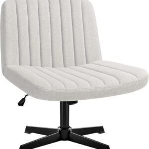 Armless Office Desk Chair No Wheels, Cross Legged Office Chairs Padded Wide Seat, Fabric Modern Adjustable Swivel Accent Chair, Computer Task Vanity Chair for Home Office (Beige)