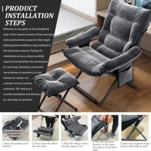 81p3f2ZiviL._AC_SL1500.jpg Modern Lazy Chair with Ottoman, Adjustable Lazy Chaise Lounge with Side Pocket Folding Lounge Reclining Sofa Chair with Armrest for Bedroom Living Room Balcony, Grey