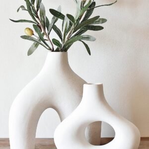 Donut Vase, Set of 2 - Minimalist Nordic, White Ceramic Hollow Donut Vase Decor | Table Centerpiece, Olive Plant, Wedding, Living Room, Bookshelf, Office, Modern Home, Entryway, Console