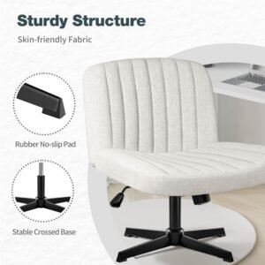 Armless Office Desk Chair No Wheels, Cross Legged Office Chairs Padded Wide Seat, Fabric Modern Adjustable Swivel Accent Chair, Computer Task Vanity Chair for Home Office (Beige)