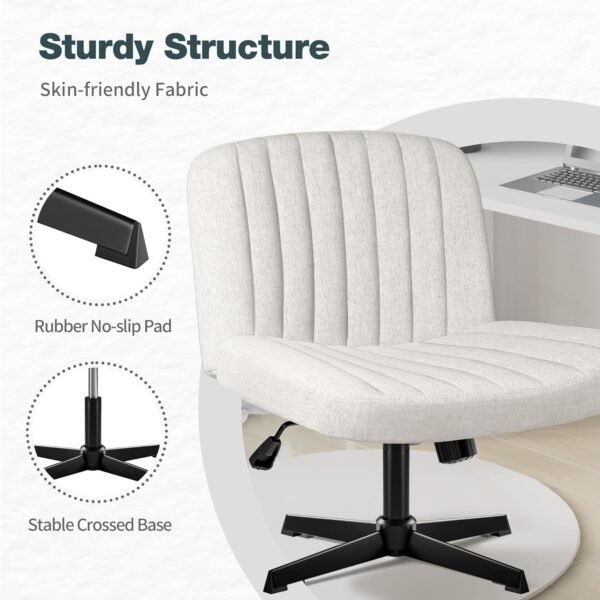 Armless Office Desk Chair No Wheels, Cross Legged Office Chairs Padded Wide Seat, Fabric Modern Adjustable Swivel Accent Chair, Computer Task Vanity Chair for Home Office (Beige)