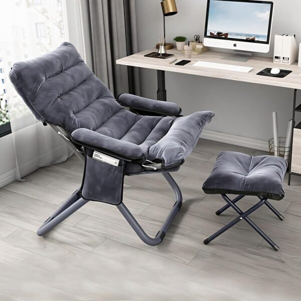 81sQ0h7jJeL._AC_SL1500.jpg Modern Lazy Chair with Ottoman, Adjustable Lazy Chaise Lounge with Side Pocket Folding Lounge Reclining Sofa Chair with Armrest for Bedroom Living Room Balcony, Grey