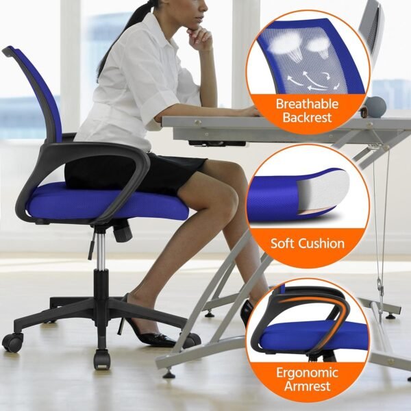 Office Computer Desk Chair Swivel Rolling, Cute Task Chair Ergonomic Conference Room, Mesh Work Study Chair Basic Comfy Desktop Chair with Wheels Arms, Blue
