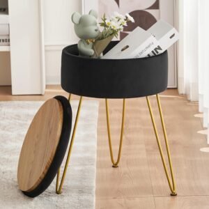 Velvet Vanity Stool Chair for Makeup Room, Beige Round Storage Ottoman, Stool for Vanity with Gold Legs, 19” Vanity Chair, Ottoman Makeup Vanity Stool Chair for Vanity, Living Room,Bedroom