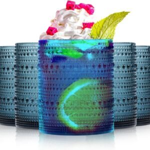 Highball Hobnail Drinking Glasses Set of 6,14 oz Vintage Glasses Drinking set,Glassware Set for Beer, Whiskey, Juice, Cocktail, Milk，Dishwasher Safe，Gift box packaging（Dark blue）