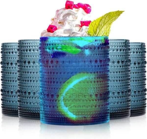 Highball Hobnail Drinking Glasses Set of 6,14 oz Vintage Glasses Drinking set,Glassware Set for Beer, Whiskey, Juice, Cocktail, Milk，Dishwasher Safe，Gift box packaging（Dark blue）