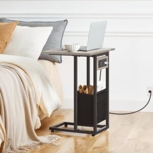 81tQXt0WeML._AC_SL1500.jpg HOOBRO C Shaped Side Table with Charging Station, Foldable End Table with Fabric Bag, Sofa Table Coffee Table Snack Table for Couch Small Space Living Room, Bedroom, Greige and Black BG30USF01
