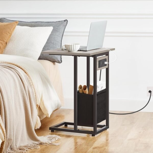 81tQXt0WeML._AC_SL1500.jpg HOOBRO C Shaped Side Table with Charging Station, Foldable End Table with Fabric Bag, Sofa Table Coffee Table Snack Table for Couch Small Space Living Room, Bedroom, Greige and Black BG30USF01