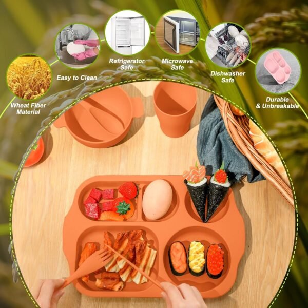 24 Pcs Wheat Straw Dinnerware Cutlery Sets, Kids Toddlers Divided Plates Unbreakable Bowl Microwave Dishwasher Safe Tableware Cutlery Spoon Knife Fork Cup (Orange, Yellow, Beige, Green)