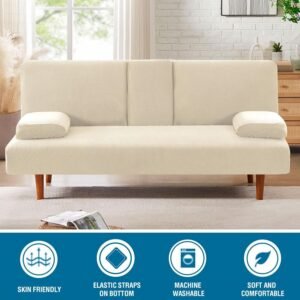 81uKoyNpi9L._AC_SL1500.jpg 4 Pieces Stretch Futon Covers Sofa Bed Slipcover with Removable Armrests and Cupholders Covers Furniture Protector High Spandex Small Checks Jacquard Fabric, Natural