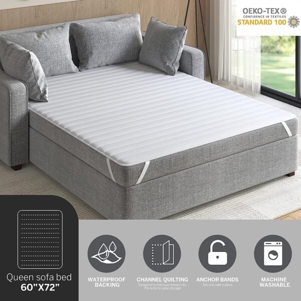 Madison Park Essentials Frisco Waterproof Sofa Bed Mattress Pad, Microfiber Channel Quilted Top - Secure Fit Anchor Band, Machine Washable Protection Cover, Queen 60x72", White