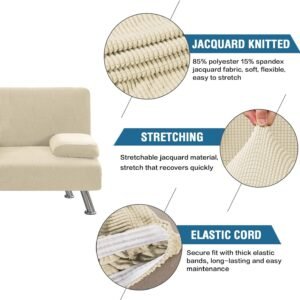 81utOQt2QfL._AC_SL1500.jpg 4 Pieces Stretch Futon Covers Sofa Bed Slipcover with Removable Armrests and Cupholders Covers Furniture Protector High Spandex Small Checks Jacquard Fabric, Natural