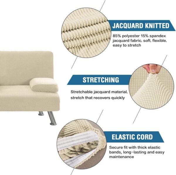 81utOQt2QfL._AC_SL1500.jpg 4 Pieces Stretch Futon Covers Sofa Bed Slipcover with Removable Armrests and Cupholders Covers Furniture Protector High Spandex Small Checks Jacquard Fabric, Natural