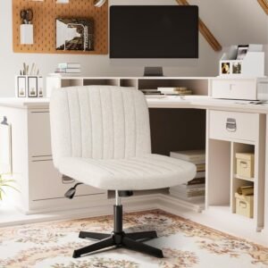 Armless Office Desk Chair No Wheels, Cross Legged Office Chairs Padded Wide Seat, Fabric Modern Adjustable Swivel Accent Chair, Computer Task Vanity Chair for Home Office (Beige)
