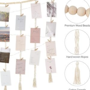 Macrame Hanging Photo Display Wall Decor with String Lights, Boho Wooden Beads Garland Collage Picture Card Frame Holder with 45 Clips for Bedroom Living Room Dorm, Teen Girl Teenage Gifts