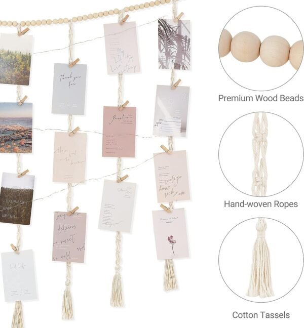 Macrame Hanging Photo Display Wall Decor with String Lights, Boho Wooden Beads Garland Collage Picture Card Frame Holder with 45 Clips for Bedroom Living Room Dorm, Teen Girl Teenage Gifts