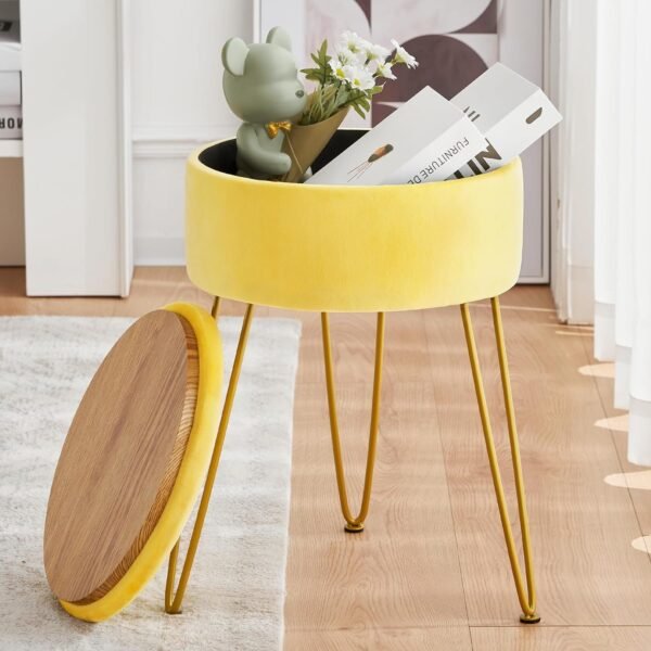 Velvet Vanity Stool Chair for Makeup Room, Beige Round Storage Ottoman, Stool for Vanity with Gold Legs, 19” Vanity Chair, Ottoman Makeup Vanity Stool Chair for Vanity, Living Room,Bedroom