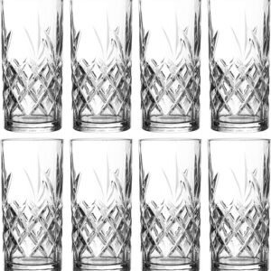Kinsley Tall Highball Glasses Set of 8, 12 Ounce Cups, Textured Designer Glassware for Drinking Water, Beer, or Soda, Trendy and Elegant Dishware, Dishwasher Safe (Hiball)
