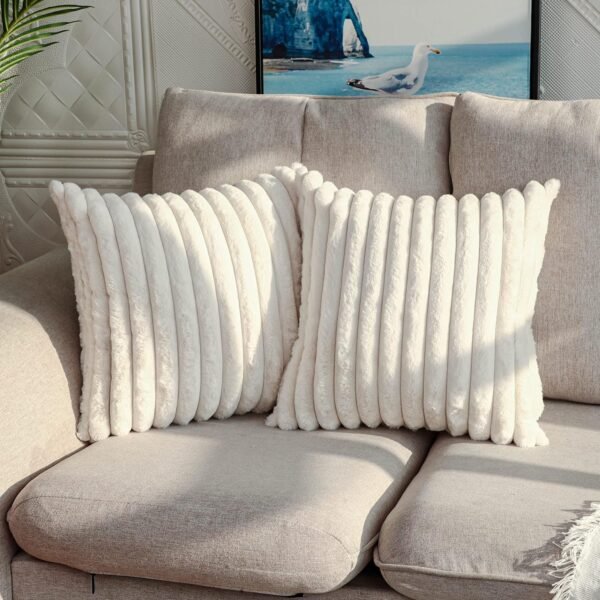 Pack of 2,Double-Sided Faux Fur Plush Decorative Throw Pillow Covers Fuzzy Striped Soft Pillowcase Cushion Covers for Sofa Couch Bedroom White 24x24 inch