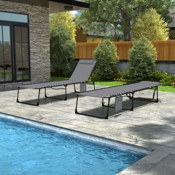 91BbvgpPqRL._AC_SL1500.jpg Outdoor Foldable Chaise Lounge Chair with Detachable Pillow & Pocket, Portable Tanning Chair with 4 Position Adjustable Back, Patio, Beach and Pool, Grey
