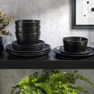 Sofia Coupe Stoneware Dinnerware Set, Service for 4 (12pcs), Black