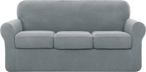 4 Piece Sofa Cover High Stretch Couch Slipcover for 3 Cushion Soft Sofa Slipcover Jacquard Fabric Furniture Covers with Elastic Bottom Machine Washable(Light Gray,Large)