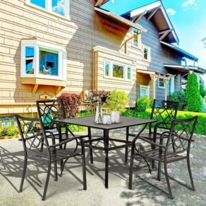91L49n_eXnL._AC_SL1500.jpg 2 Pieces Outdoor Dining Chairs, Patio Bistro Wrought Iron Stackable Chairs with Armrest for Garden, Porch, Backyard, Black - Supports 250 lbs