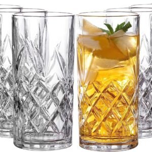 Kinsley Tall Highball Glasses Set of 8, 12 Ounce Cups, Textured Designer Glassware for Drinking Water, Beer, or Soda, Trendy and Elegant Dishware, Dishwasher Safe (Hiball)